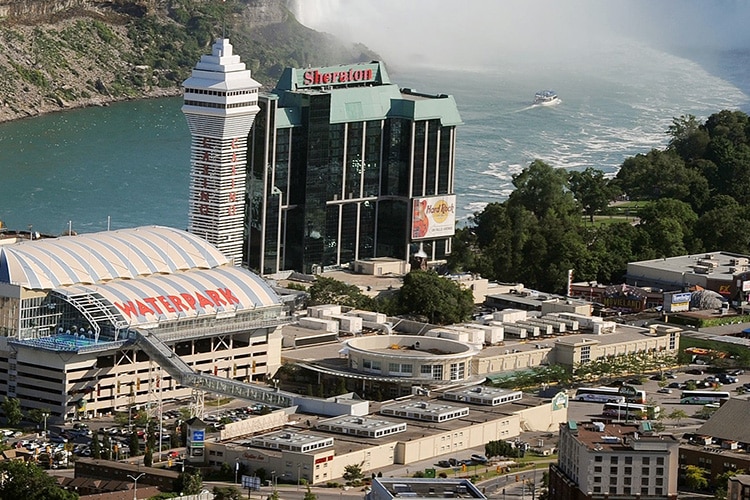 Falls Avenue Resort from the air with Niagara Falls in the background